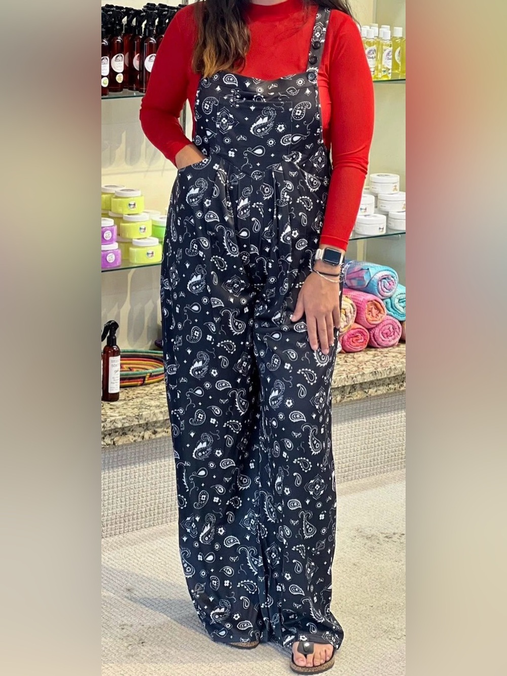 Sterling Kreek Black Paisley Print Jumpsuit Romper Wide Leg sz Med Bandana Babe